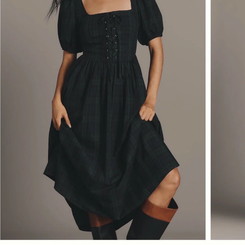 Green Plaid Puff-Sleeve Midi Dress with Lace-Up Bodice - Picture 1 of 5